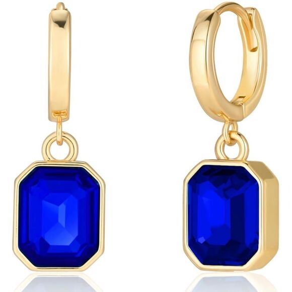 18K Yellow Gold with Blue Sapphire Crystal Dangling Octagon Huggie Earrings - Picture 1 of 7
